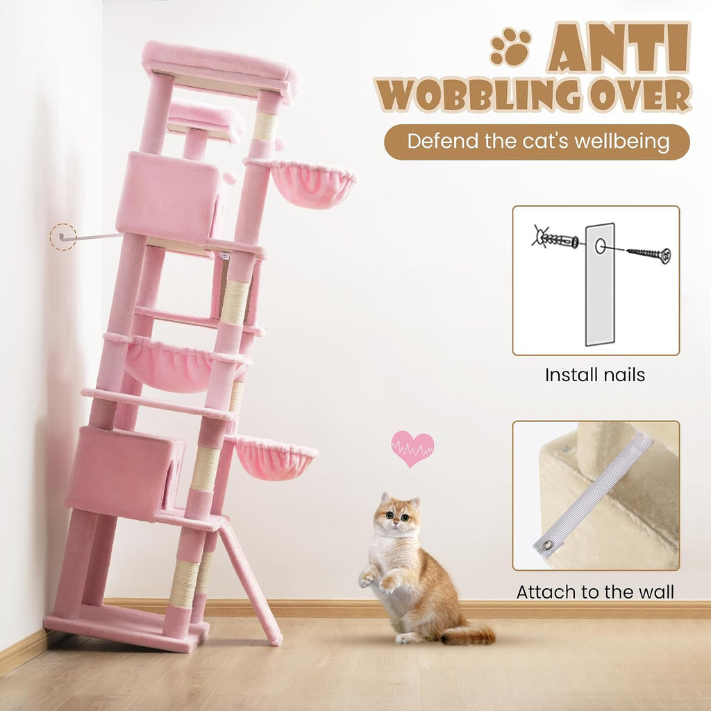 SHA CERLIN 81in Multi-Level Tall Cat Tree Tower for Indoor Kitties/Larger Cat Condo Furniture with Hammock/Cozy Pussycat Perches/Sisal Scratching Posts/Pet House/Wide Base/Pink