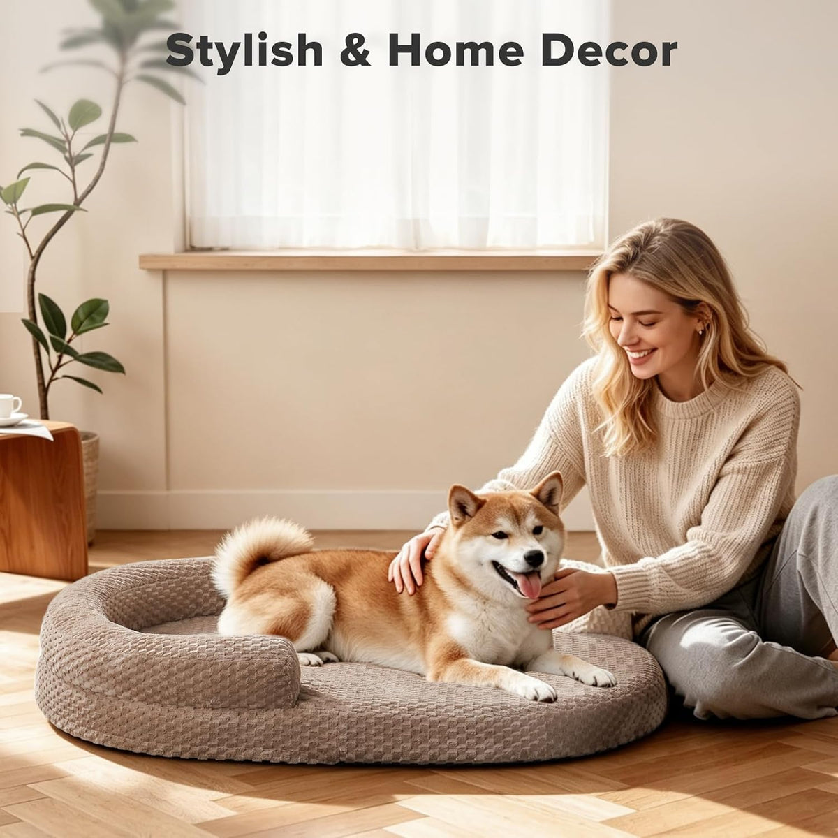 JOEJOY Orthopedic Dog Beds Large Sized Dog, Washable Waterproof Oval Large Dog Bed with Removable Cover, Big Egg-Crate Memory Foam Pet Bed with Bolster Sides & Non-Skid Bottom, Brown, 36''x27''