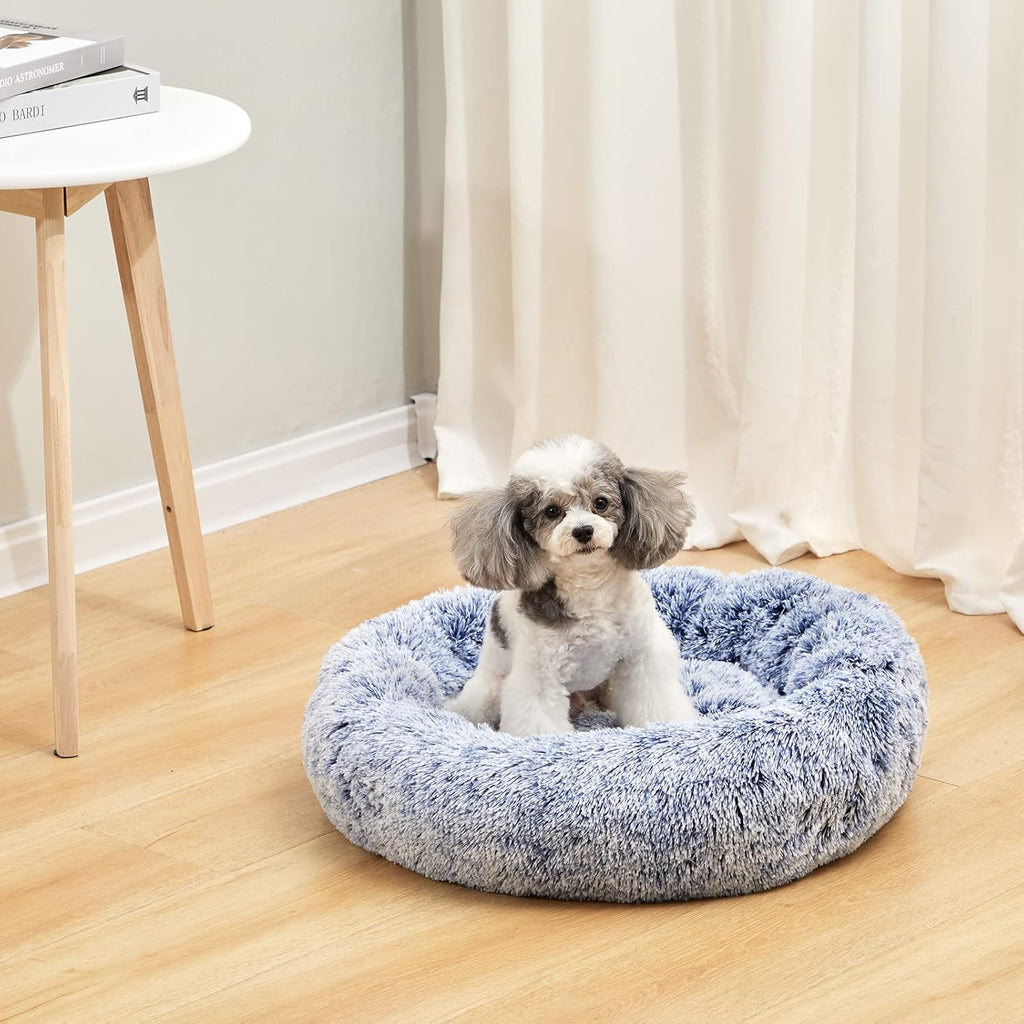 Bedfolks Calming Fluffy Donut Dog Bed for Small Dogs,Navy Blue, 23" Round
