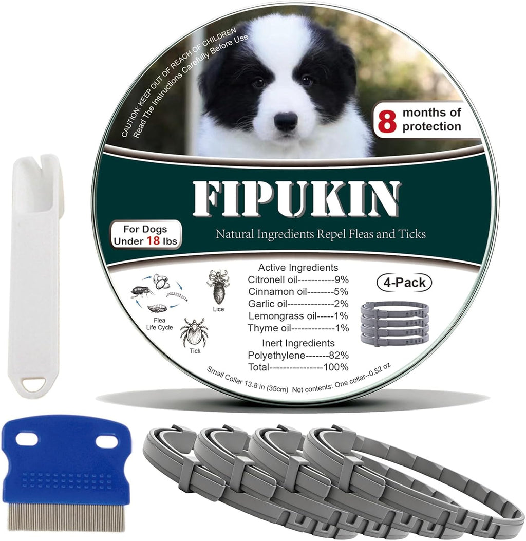Natural & Safe Flea and Tick Collar for Small Dogs, 4 * 8 Months Protection, Waterproof, 13.8 inch, One Size Fits All, Free Comb and Tick Removal Tool (4-Pack)