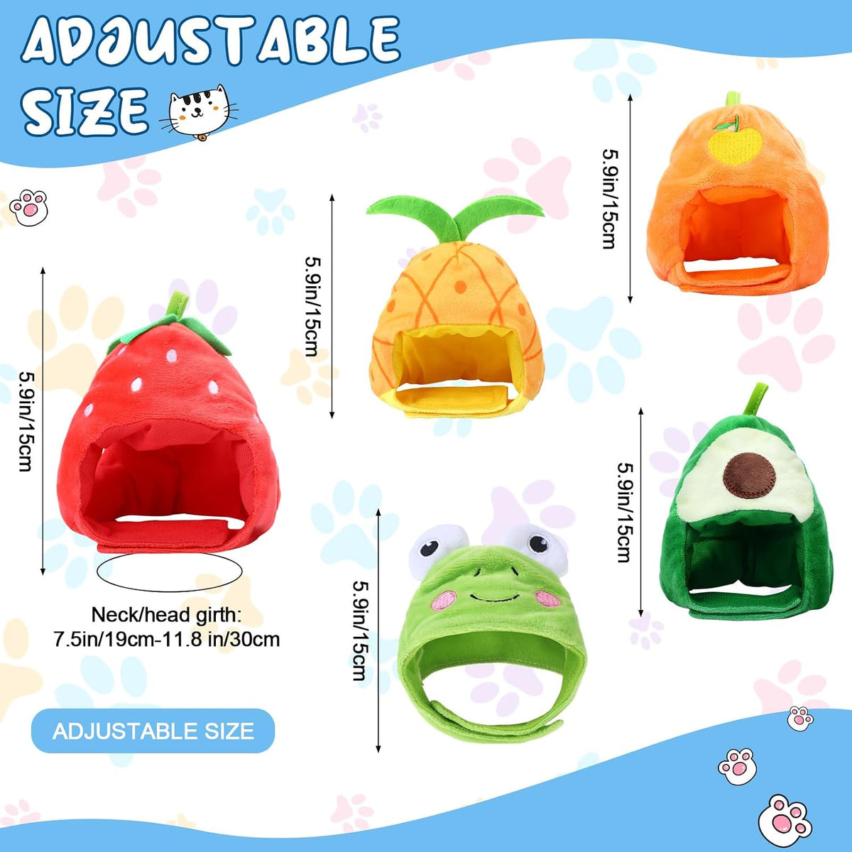 Weewooday 5 Pcs Cat Hat, Avocado, Orange, Strawberry, Pineapple, Frog