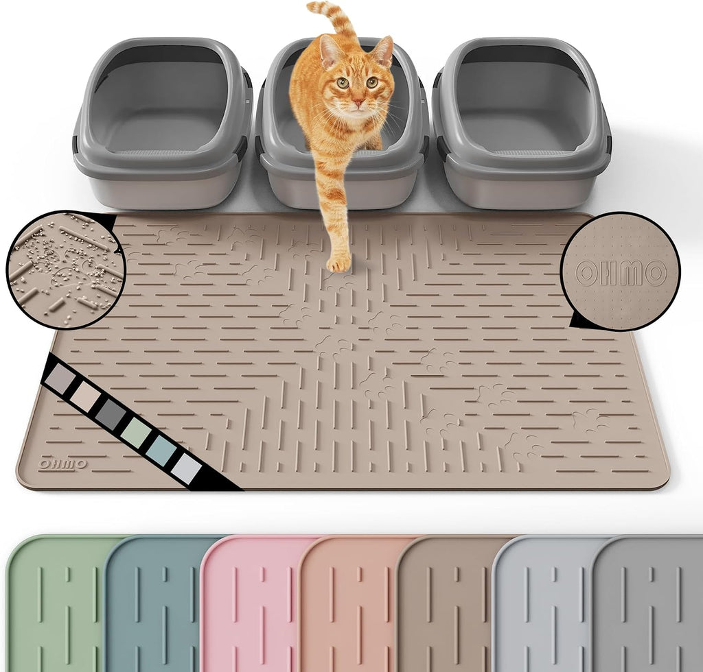 OHMO XL Cat Litter Mat, 37.5x25.2 Silicone Trapping Mat Beige | for Kitty Litter Box, Easy Clean, BPA Free Rubber, Center Litter Collection, Easy Pour-Back, Waterproof, Odor-Resistant