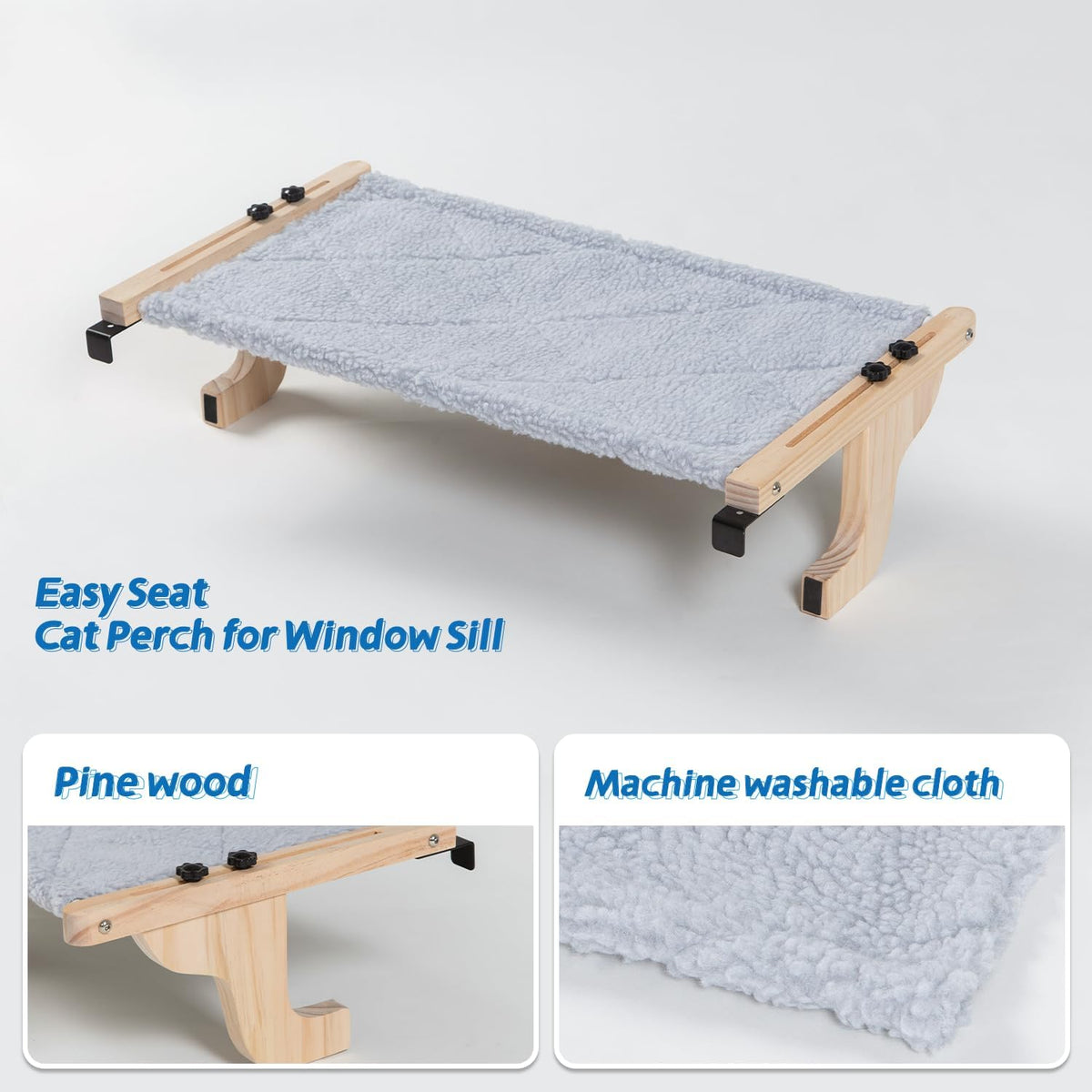 Zakkart 2-PC Easy Seat Cat Perch for Windowsill (Natural Wood/Gray, L)