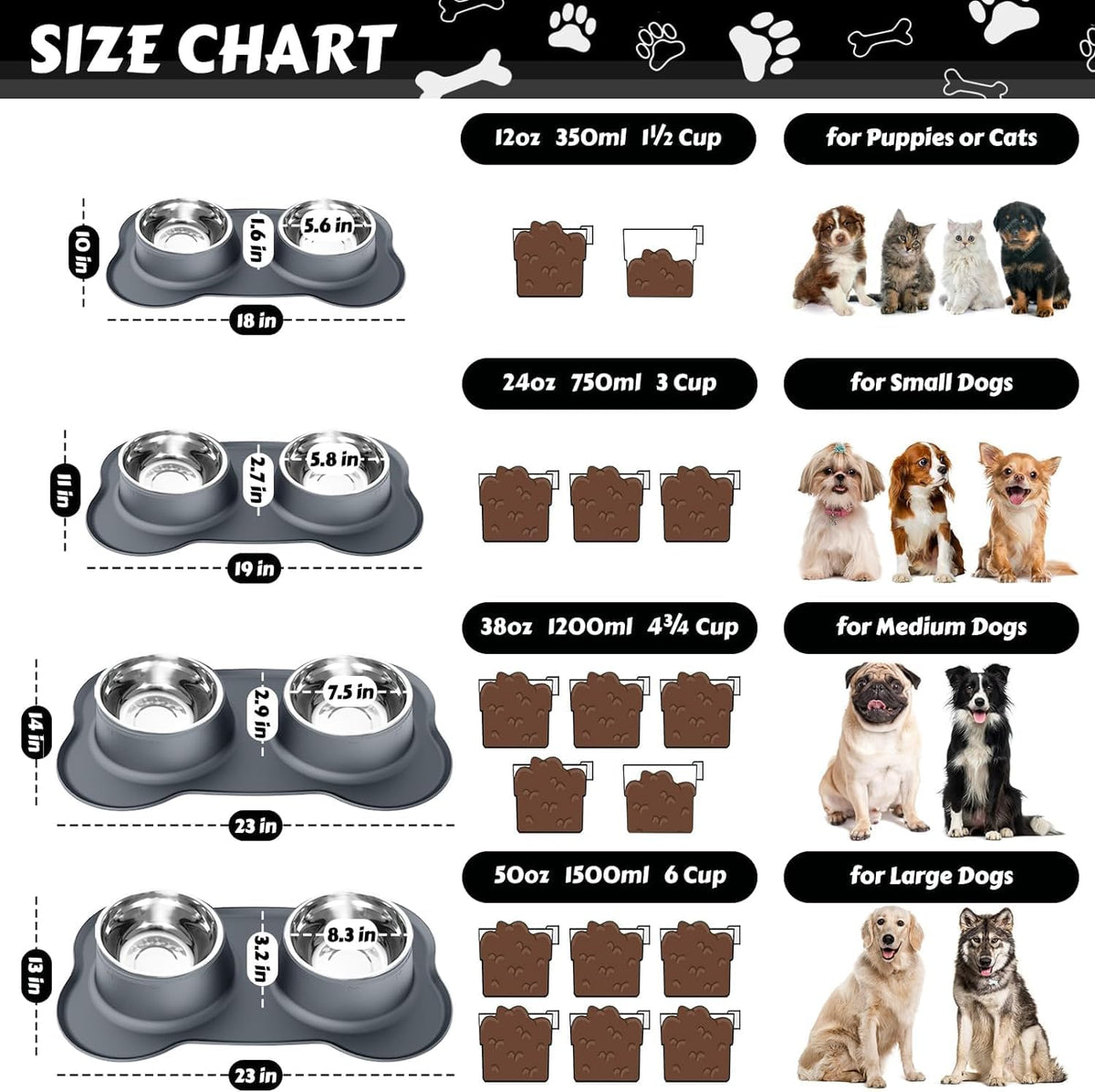 AsFrost Dog Food Bowls, BPA Free Stainless Steel Dog Food and Water Bowl Set, 2 Large Dog Bowls with No Spill Non-Skid Silicone Mat, Dog Dishes for Medium Large Sized Dogs Pet Bowls, 6 Cup, Grey 