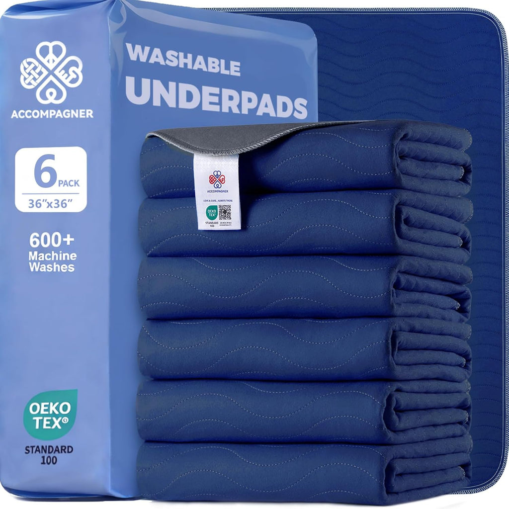 Accompagner Incontinence Bed Pads Washable Waterproof, Ultra-Absorbent Reusable Underpads for Diaper Changing, Nursing, Bedridden, Adults, Seniors, Kids and Dogs (Navy, 36"x36"(Pack of 6))
