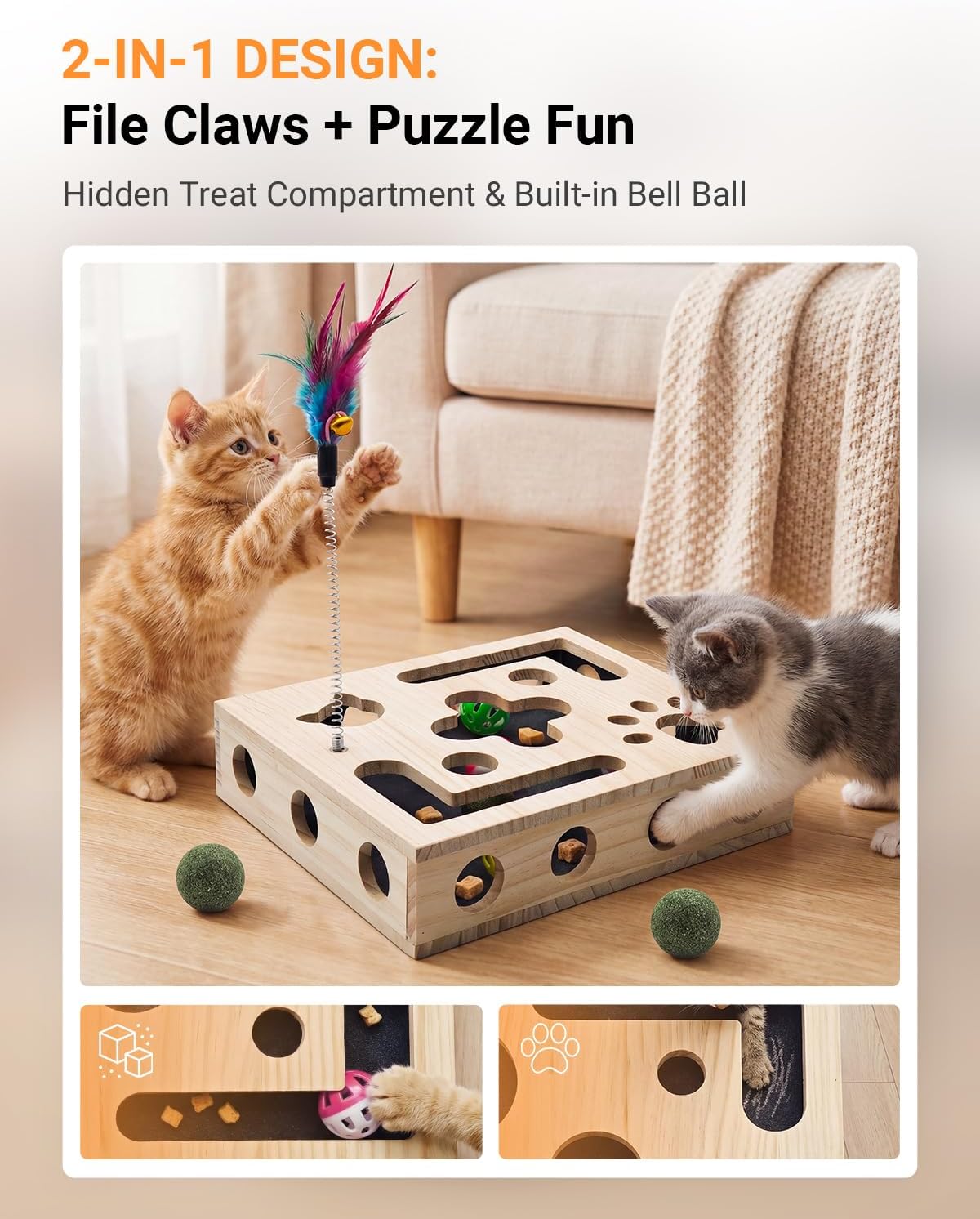 Cat Toys for Indoor Cats - Cat Nail File Box with Interactive Cat Toys, 2026 Upgraded Cat Puzzle Feeder Scratch Puzzle Toy for Indoor Cats, Natural Claw Care (Wood)