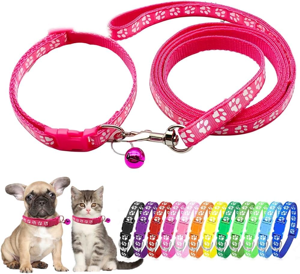 Hot Pink XS Dog Collar with Bell, Puppy Collar and Leash Set Pawprint Small Dog Collar Adjustable Kitten Collar with Bell for Tiny Little XXS Extra Small Breed Pets Dogs Cats Girls Female