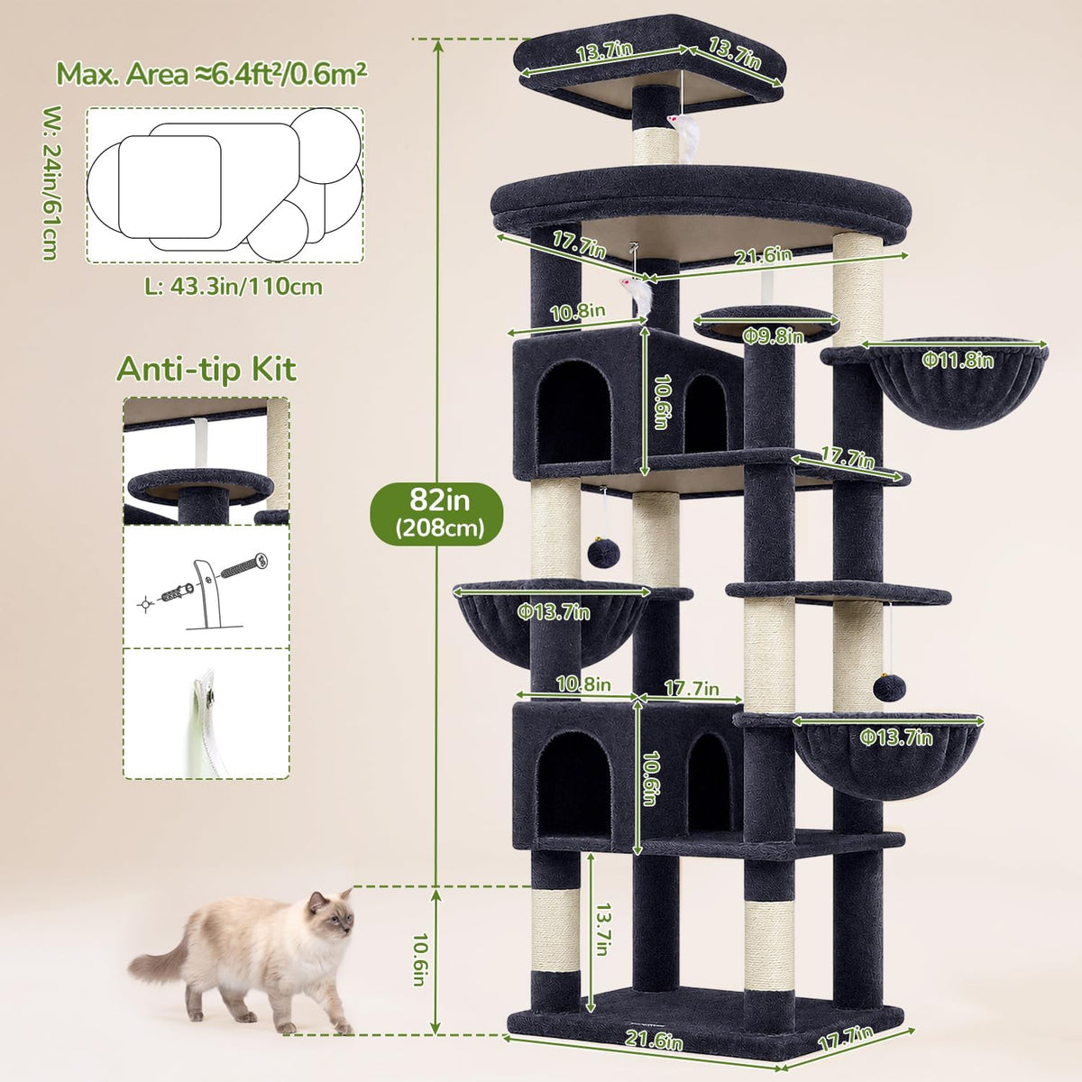 Globlazer 82in Extra Large Cat Tree Tower for Indoor Cats Large Adult, S82