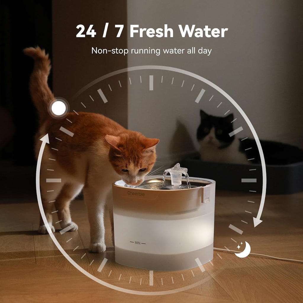 Cheerble Elfin E1S Pumpless Cat Water Fountain, 2L/67oz, 304 Food-Grade Stainless Steel Tray, 3-Layer Filter, BPA-Free Automatic Pet Water Dispenser for Indoor Cats