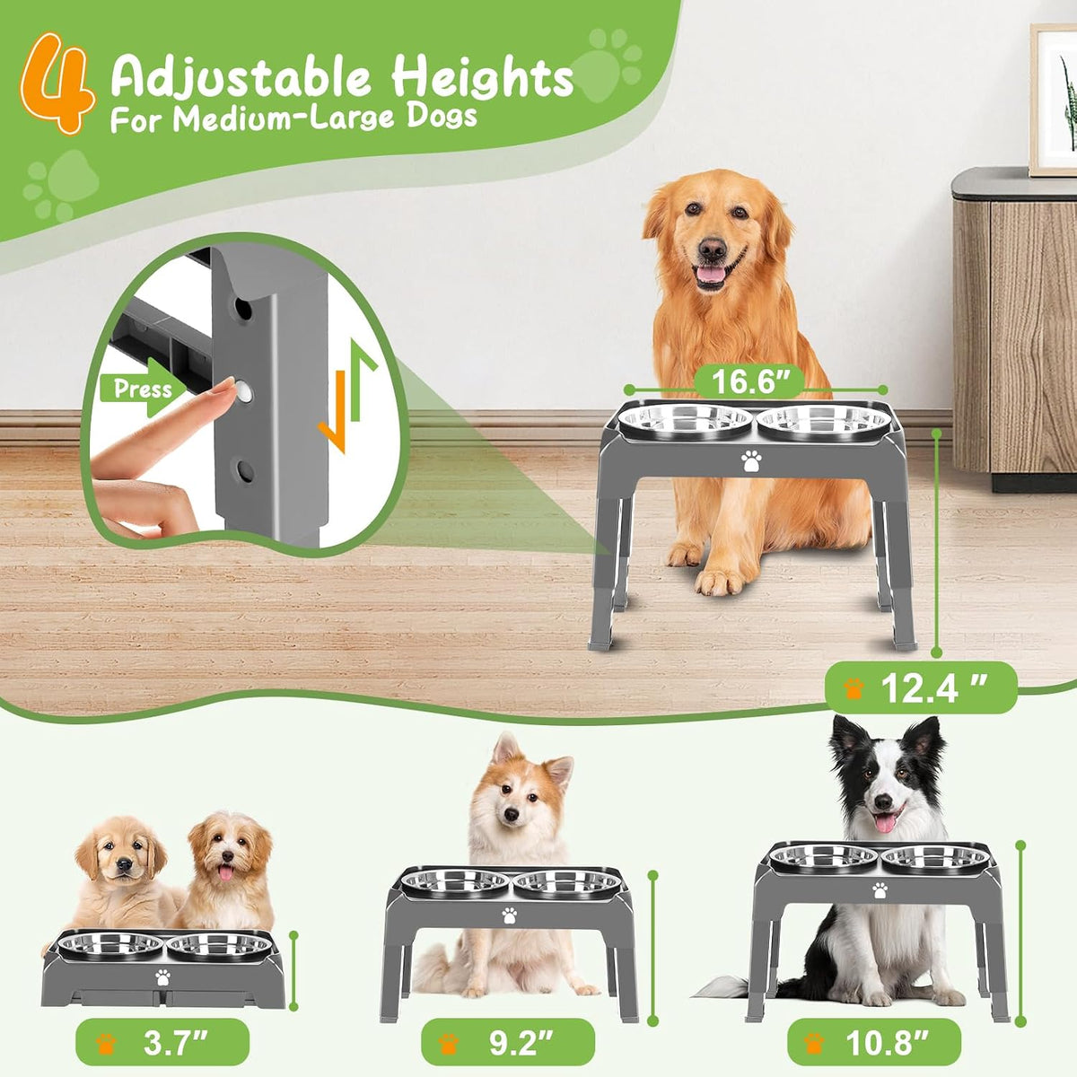 Elevated Raised Dog Bowl Stand with 2 Stainless Steel Bowls, Adjustable Height for Medium Large Dogs, 12.36" - 3.7" Foldable Feeder, Grey