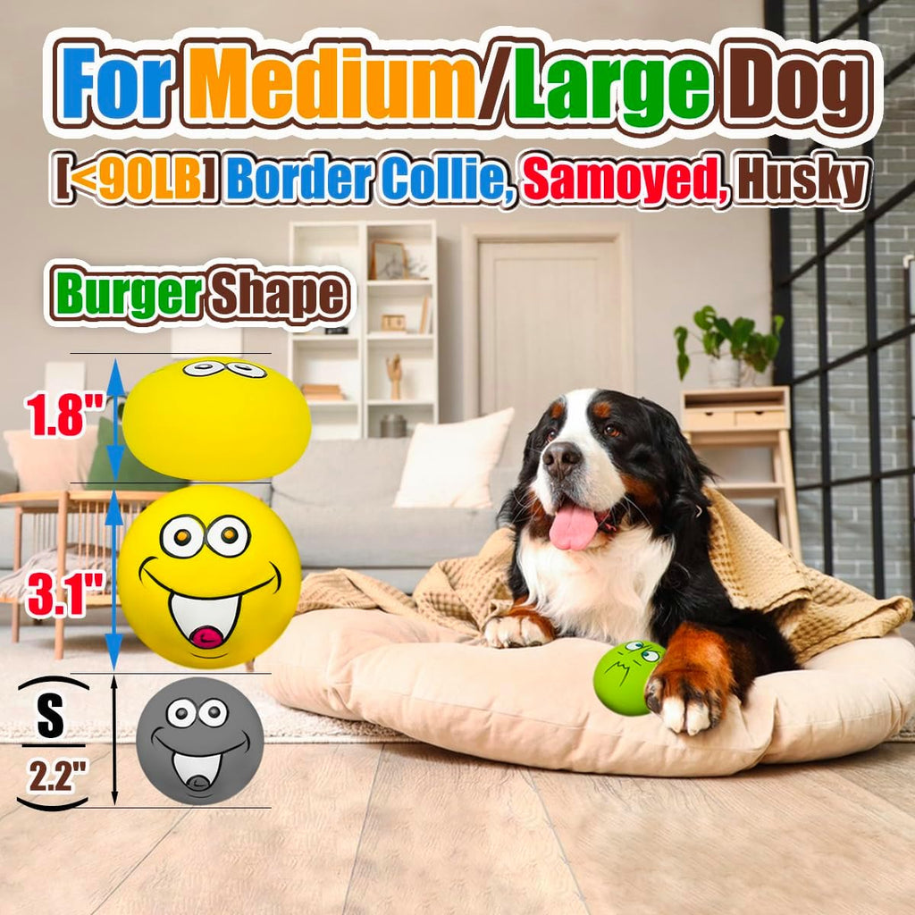 3.1" Squeaky Dog Toys for Large Dog, Medium Breed, Latex Flat Ball | 3.1"* 3.1"*1.8" Burger shape 4-Pack, Soft Squeaky Dog Balls, Natural Rubber Squeak Toys with Squeaker for Indoor & Outdoor