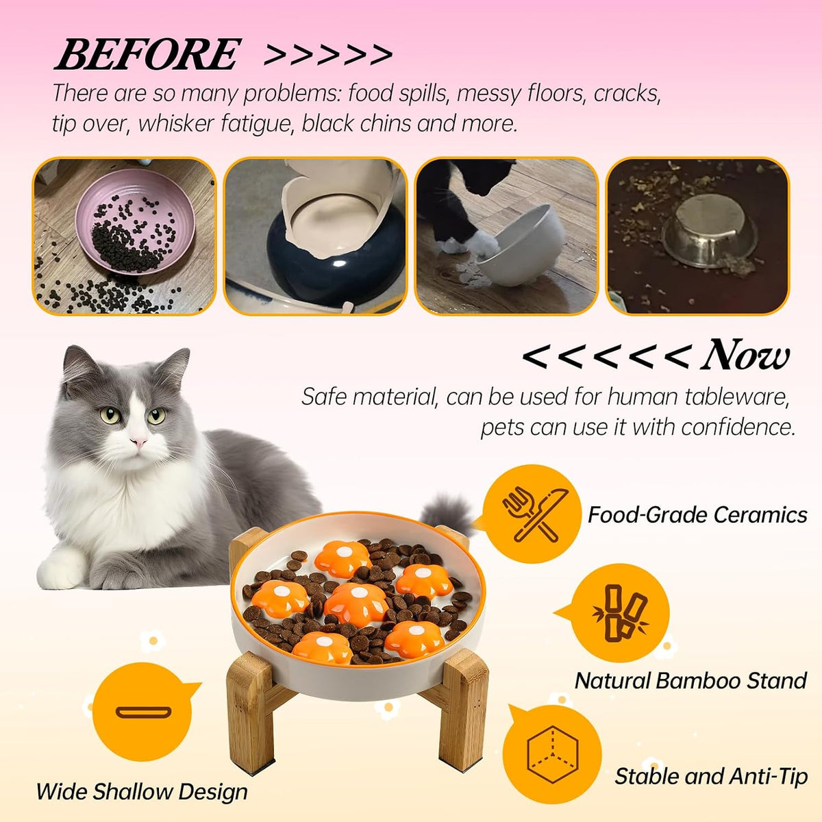 Elevated Ceramic Slow Feeder Cat Bowl with Anti-Slip Bamboo Stand