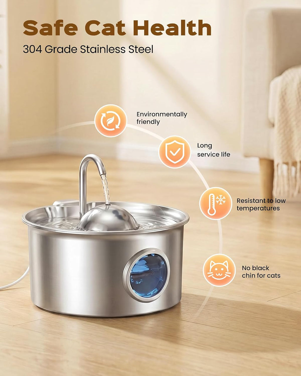 Stainless Steel Cat Water Fountain: Cat Fountain & 6 Filters + 3 Sponges