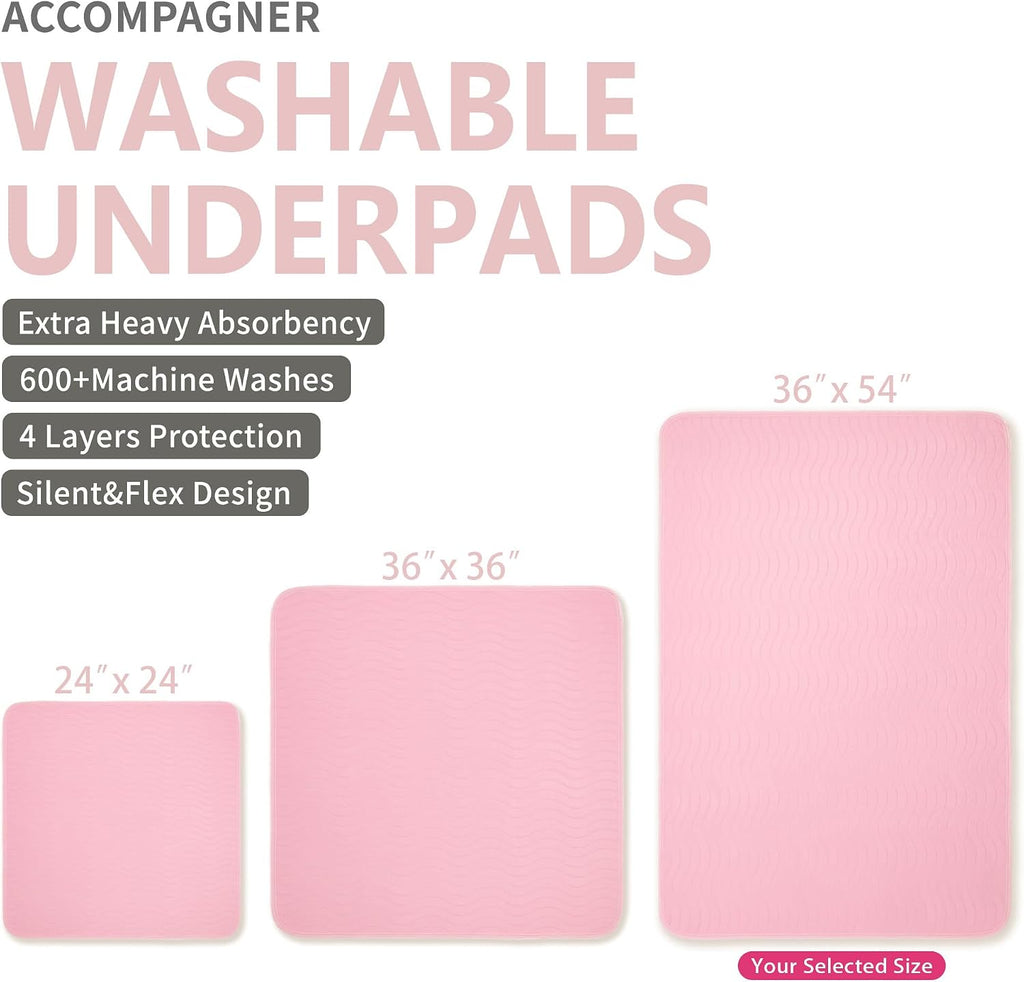 Accompagner Incontinence Bed Pads Washable Waterproof Underpads 36"x54" 2pc | 4-Layer Heavy-Absorbency Reusable Pee Pads for Adults, Kids, Elderly, Dogs, Bedridden, Bedwetting, Nursing, Sofa (Pink)
