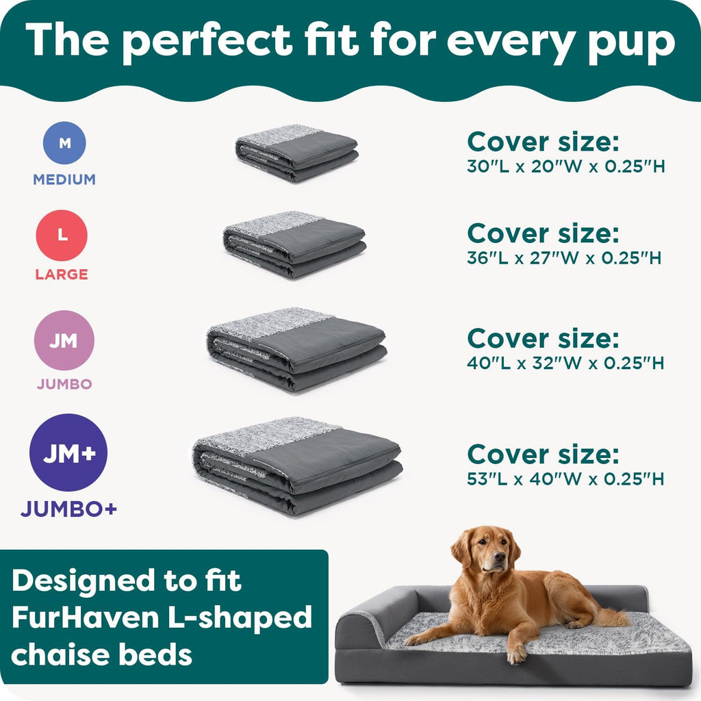 FurHaven Replacement Dog Bed Cover, Two-Tone Bed Cover for L-Shaped Chaise, Removable Washable Cover, Large, Faux Fur & Suede, Stone Gray