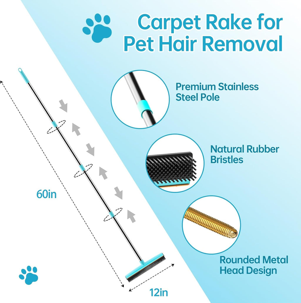 Carpet Rake for Pet Hair Removal, 60" Long Handle Rubber Broom (3 Pack)