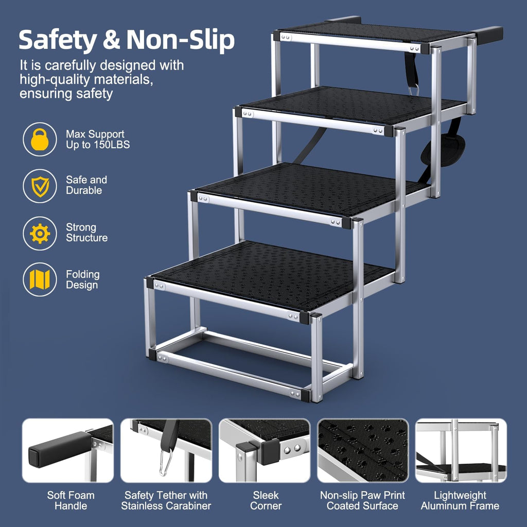 Foldable Dog Stairs for Car, 17" Aluminum Dog Steps for Car 4 Steps