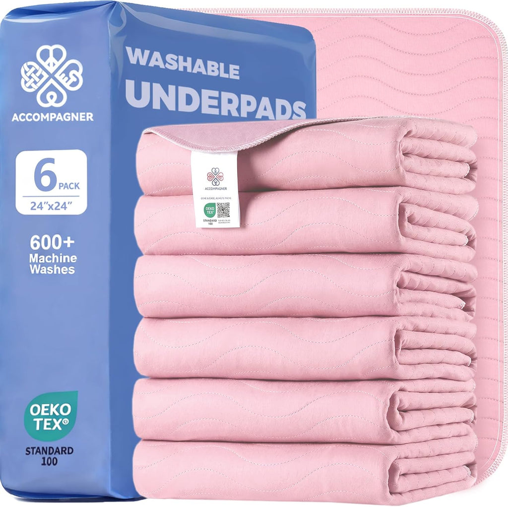 Accompagner Incontinence Bed Pads Washable Waterproof Underpads 24"x24" 6pc | 4-Layer Heavy Absorbency Reusable Chair Pads for Adults, Elderly, Dogs, Diaper Changing, Seat, Wheelchair & Sofa (Pink)