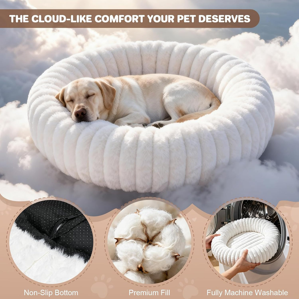 Donut Dog Bed for Large Dogs - Pet Bed with Removable Cover, Self-Heating Winter Pet Beds for Medium & Big Dogs, Egg Tart Design (L) Dog beds Medium Sized Dog self Warming