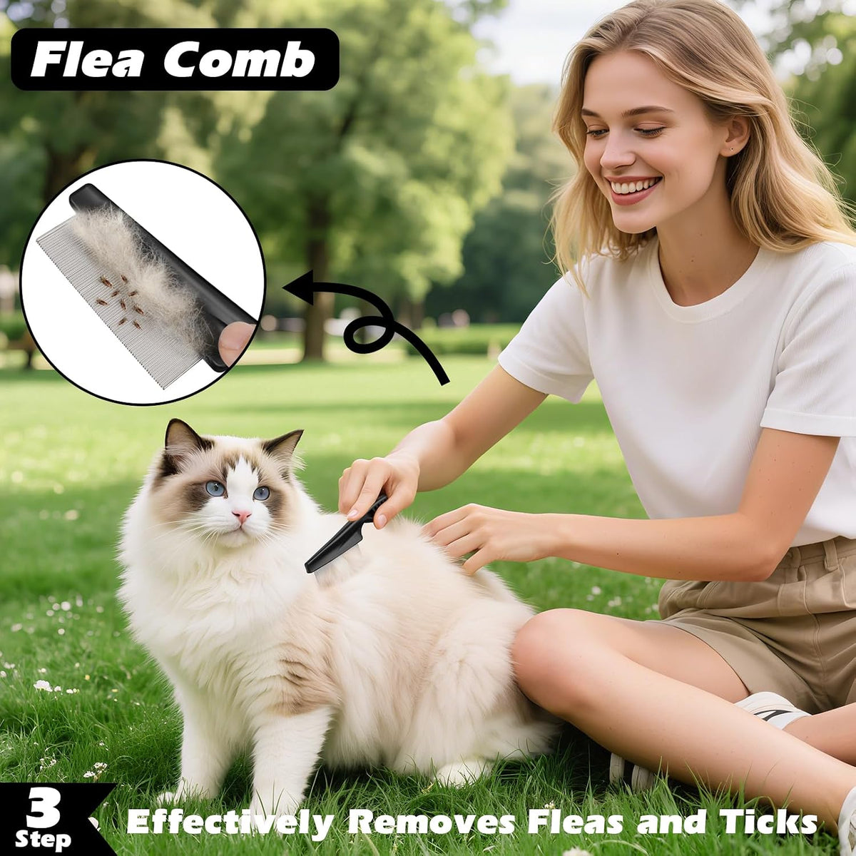 Professional 3PCS Self Cleaning Slicker Brush & Pet Grooming Rake & Flea Comb for Dogs,Cats and Horses | Double-Sided Dematting Comb & Skin Friendly Deshedding Grooming Tool | Pet Supplies