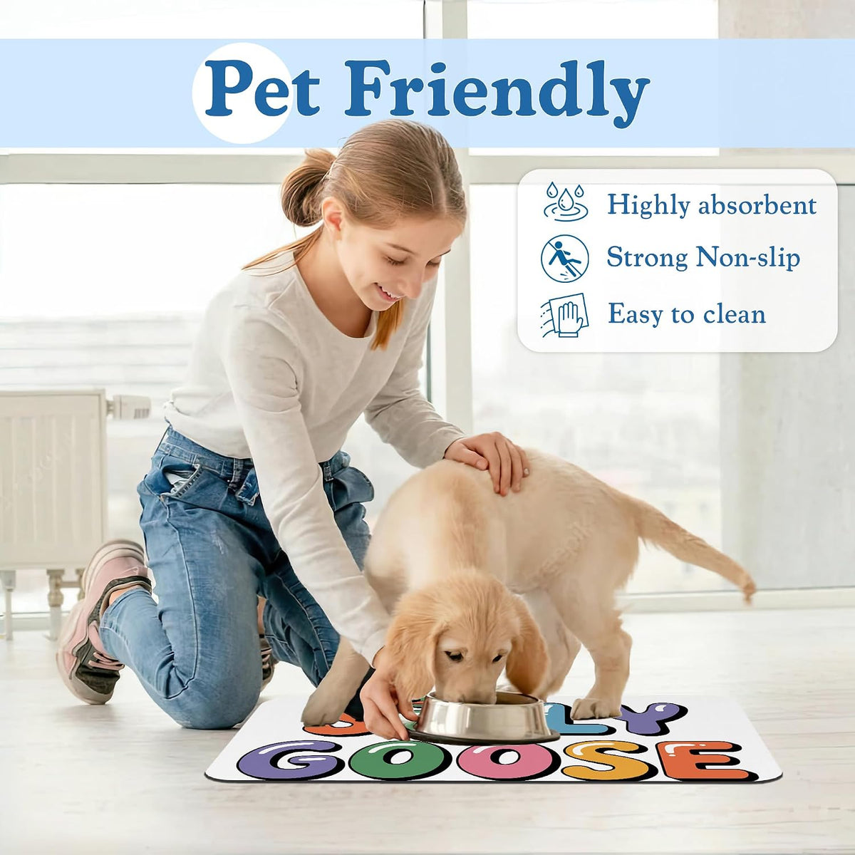 Silly Goose Pet Food Mat for Cats and Dogs–Absorbent Quick Dry Feeding Placemat, Non Slip Rubber Base, Waterproof Bowl Mat for Indoor Use, Pet Supplies 16"x24"