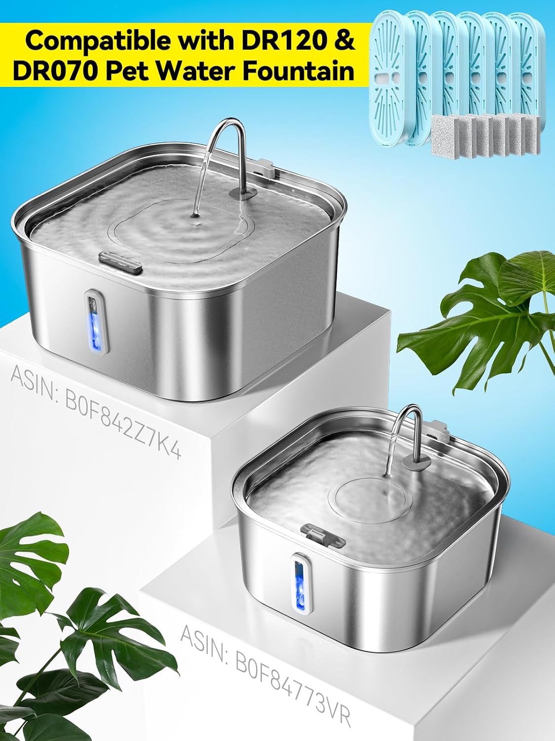 Large Dog Water Fountain 14L/3.7Gal, Stainless Steel Pet Fountain for Large Dogs and Multi-Pets, with Window & Extra Wide Drinking Area, Square Design Enlarges Capacity & Saves Space (6 Newly Filters)