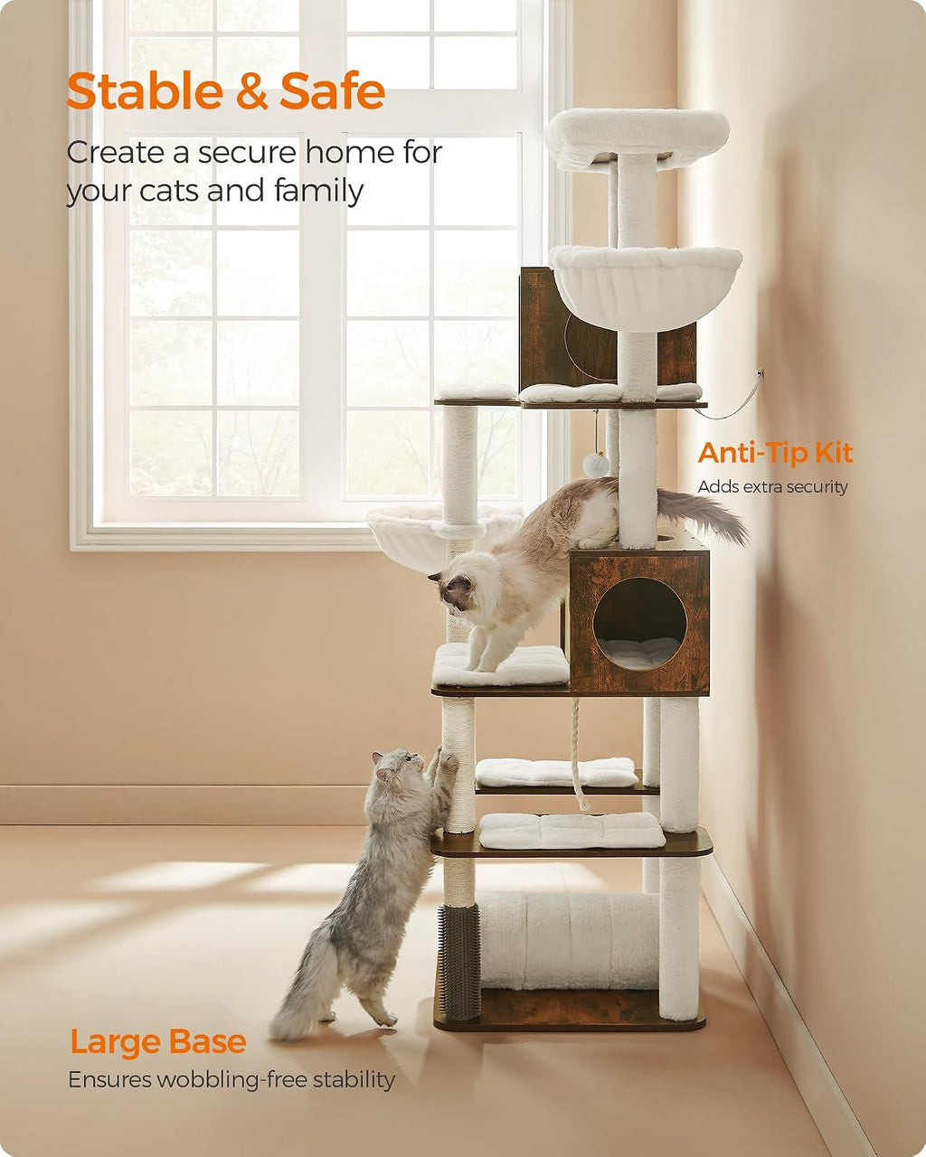 Feandrea Cat Tree, 75.6-Inch Multi-Level Condo with 2 Caves, 2 Hammocks