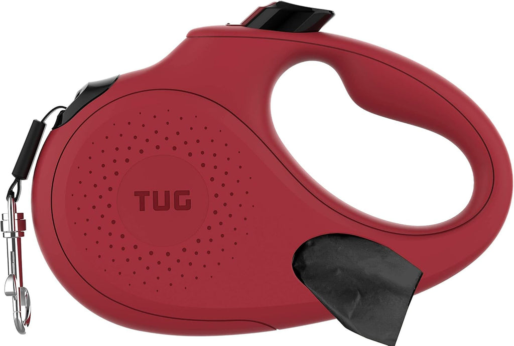TUG Oval 360° Tangle-Free Retractable Dog Leash with Integrated Waste Bag Dispenser (Medium, Red)