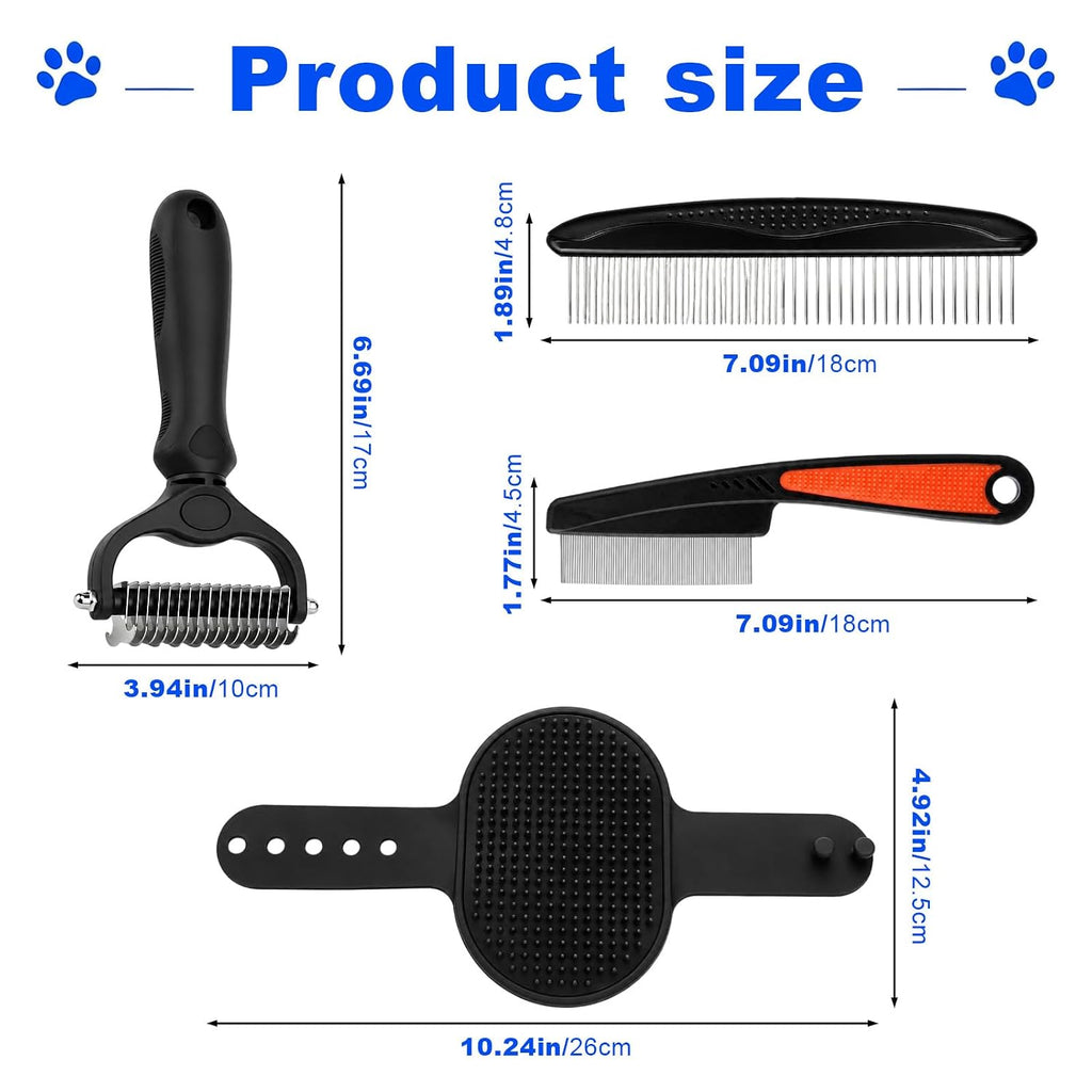 Double-Sided Pet Grooming Rake Set of 4, with Metal Comb Flea Comb Bath Brush for Long & Short Haired Pets to Effectively Remove Tangles, Knots and Mats