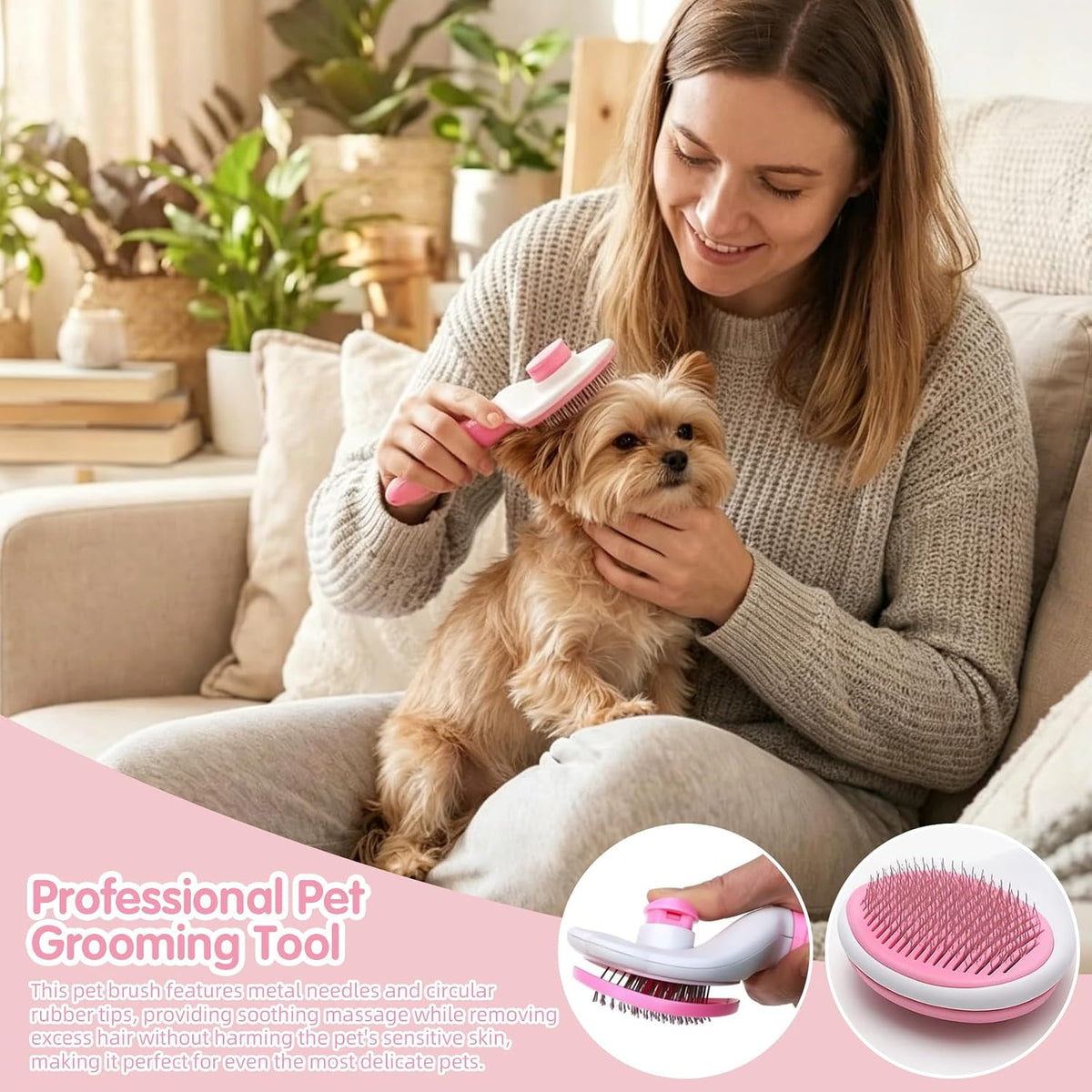 Oromaviela 8PCS Dog Rabbit Bunny Cat Grooming Kit, Self-Cleaning Slicker Brush & Deshedding Comb, Dematting Tool, Nail Clipper File, Flea Comb, Portable Storage Bag for Long/Short Haired Pets(8, pink)