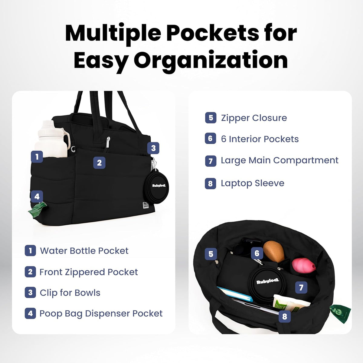 Rubyloo Puffer Dog Travel Bag for Dog Moms, Diaper Bag with Travel Bowls