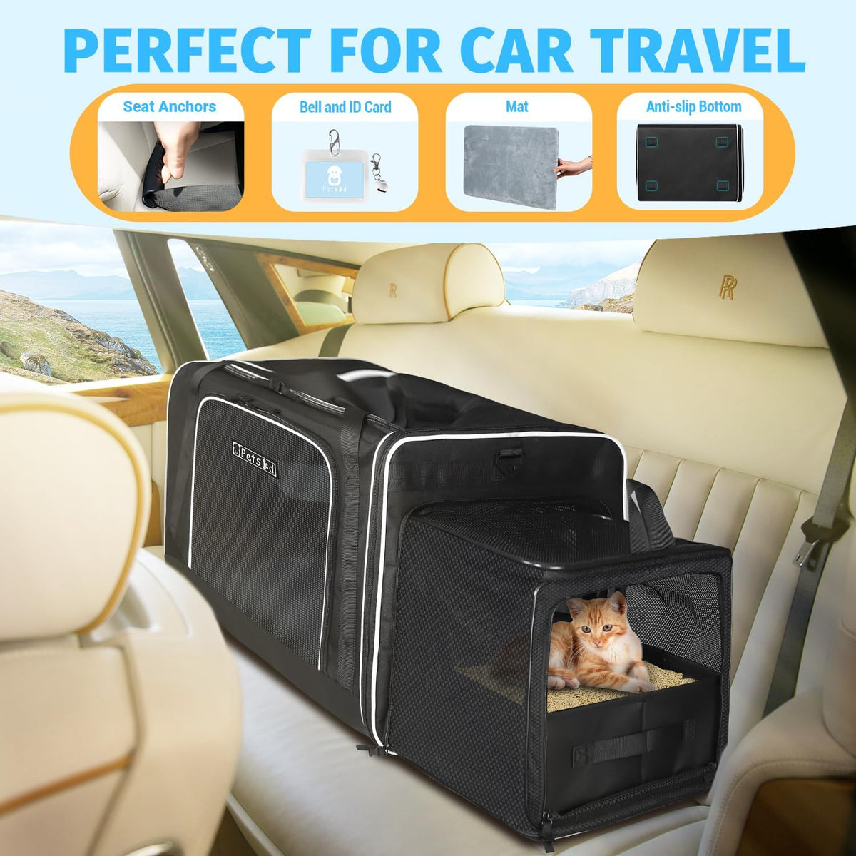 Petskd Side Expandable Extra Large Cat Carrier with Litter Box and Wheels