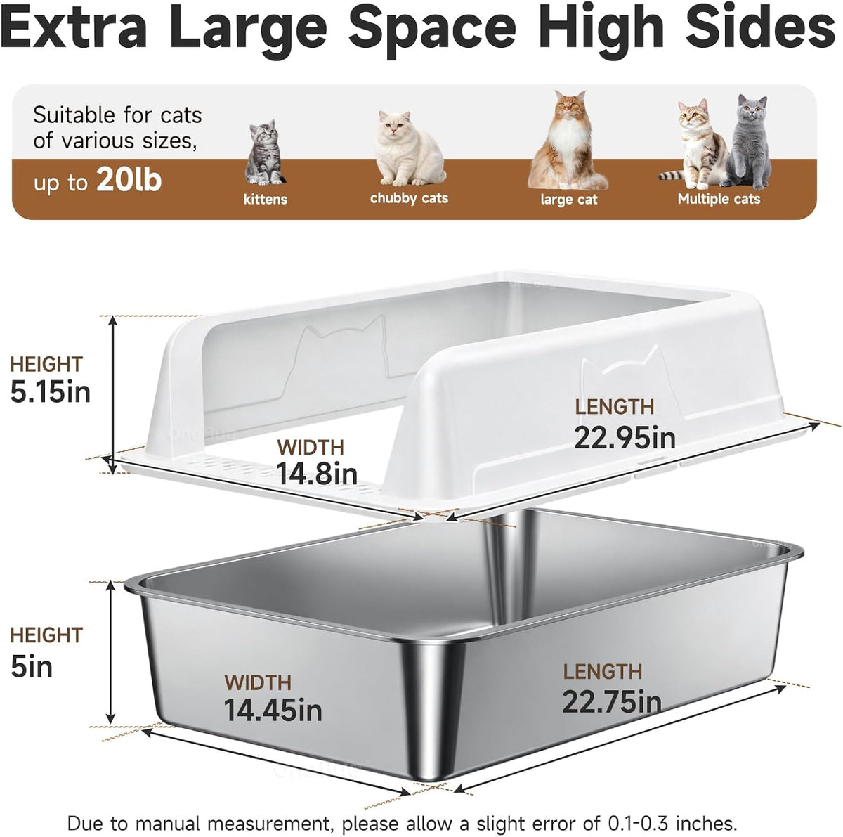 High-Sided Stainless Steel XL Cat Litter Box for Cats | High-Sided Design Prevents Urine Leakage,Non-Stick,Easy to Clean,Includes Scoop,White