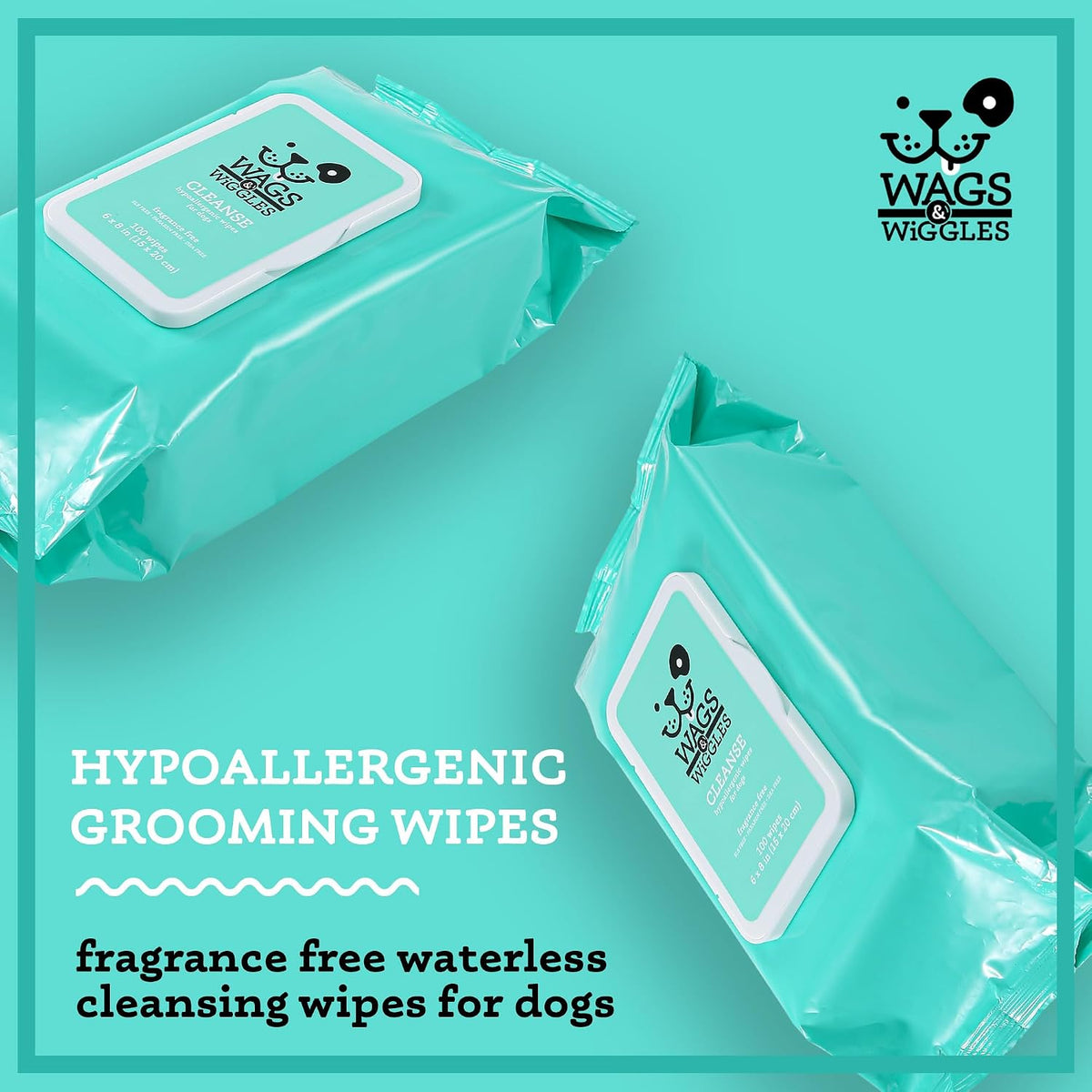 Wags & Wiggles Hypoallergenic Dog Wipes, Fragrance-Free, 100 Count | Waterless cleansing cloths for paws, face, and body, no SLS, parabens, or DEA for sensitive skin