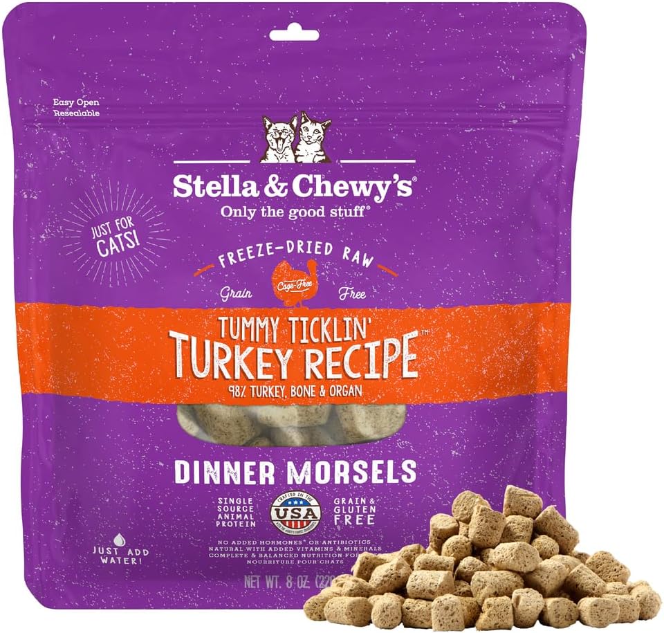 Stella & Chewy's Freeze-Dried Raw Cat Dinner Morsels - Premium Turkey Recipe with 98% Farm-Raised Meat & Organs - Natural Grain-Free Cat & Kitten Food - Made in USA - 8 oz