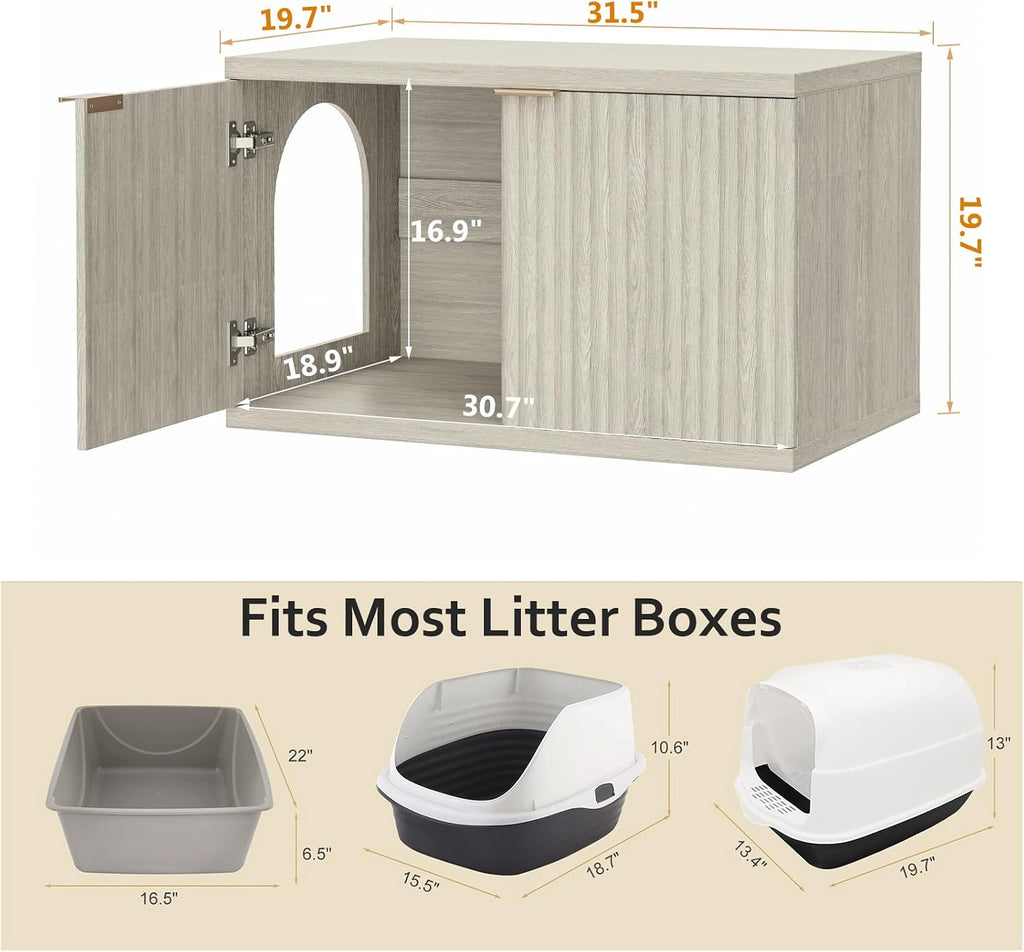 Homhedy Cat Litter Box Enclosure,Modern Fluted Accent,Cream Gray