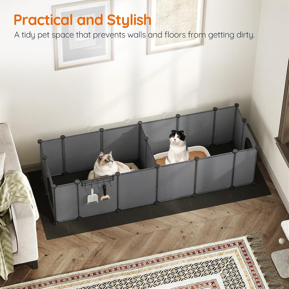 HOOBRO 2 Pack Cat Litter Box Enclosure Splash Guard with Large Oxford Mat, Plastics High-Edge Litter Guard with Drain Hooks, DIY Assembly, 70.9" L x 29.1" W x 15.7" H, Easy to Clean, Grey GY08PP03