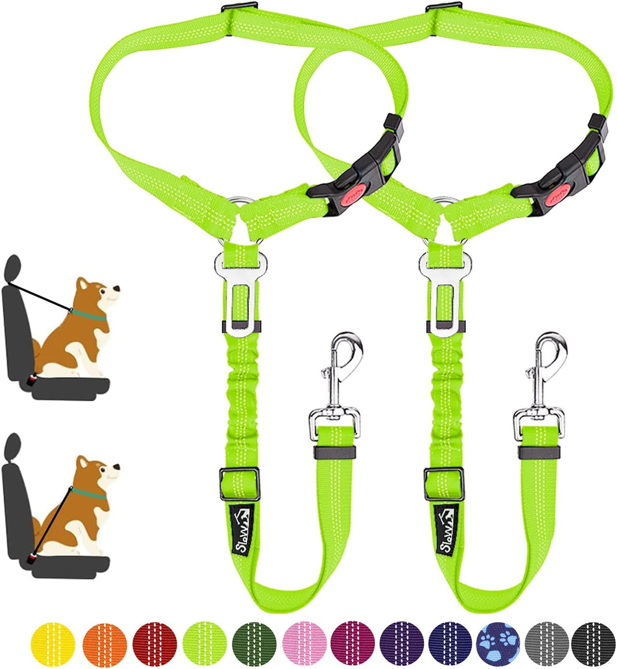 SlowTon Dog Seat Belt for Car, 2 Pack Dog Car Harness Seatbelt with Bungee
