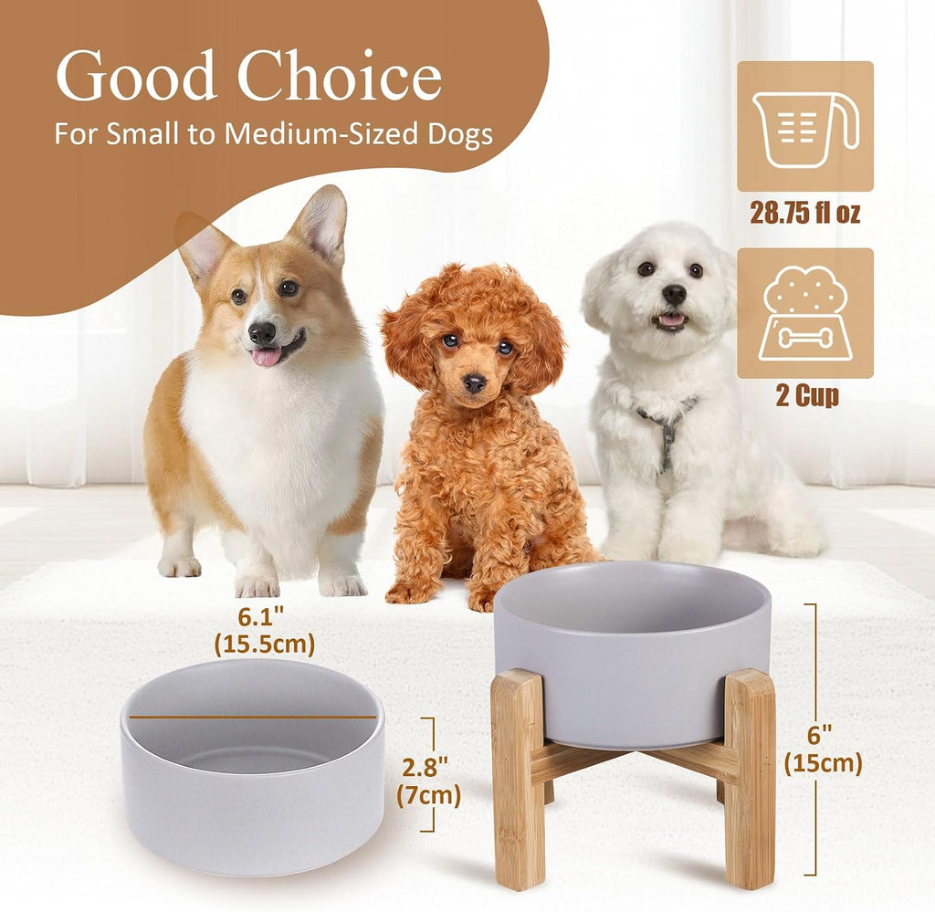 Ceramic Elevated Dog Bowl with Bamboo Stand, for Small & Medium Dog, Grey