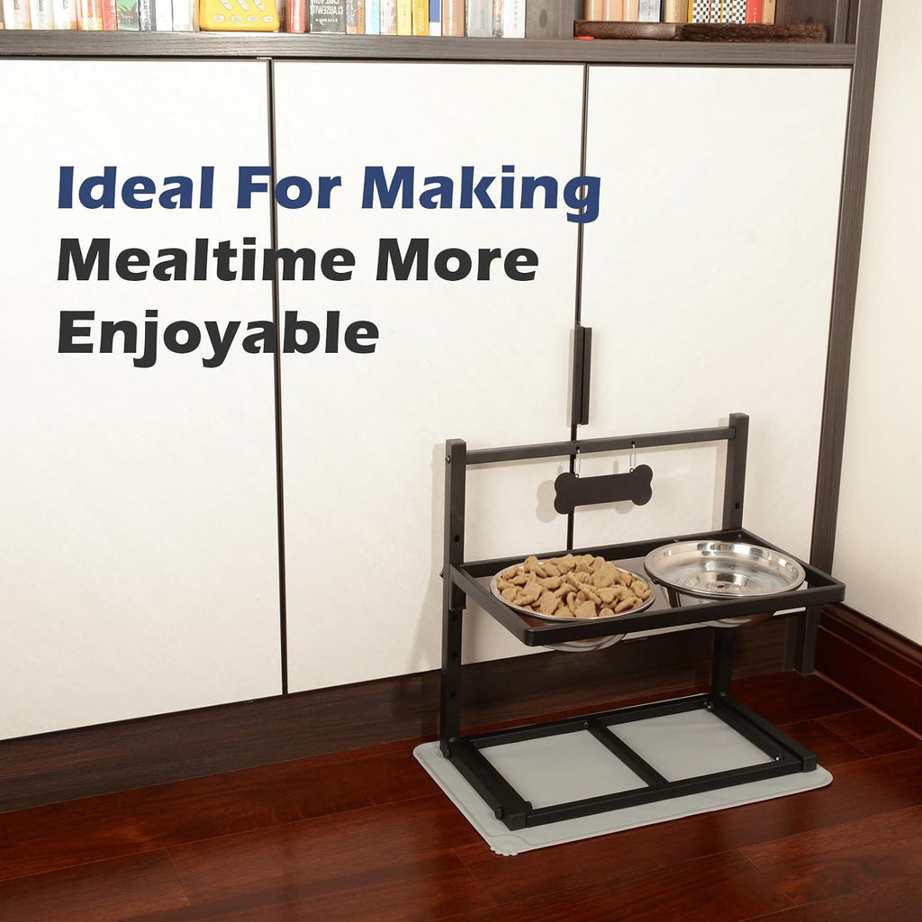ADENGL Elevated Dog Bowls with Slow Feeder, 5 Adjustable Heights, Anti-Slip, Durable Metal Frame, Spill Proof Mat, Rust-Resistant Bowls, Easy to Clean