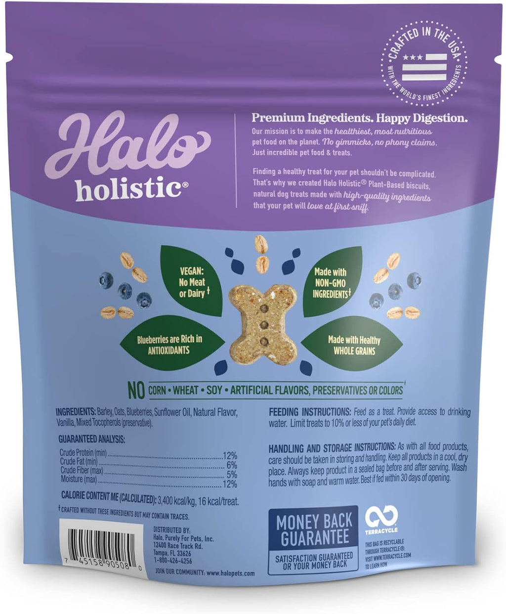Halo Holistic Plant-Based Dog Treats, Oats & Blueberries, 8 oz