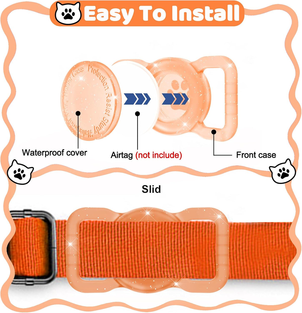 SANKALA Luminous Waterproof Airtag Dog Collar Holder, Orange Glitter