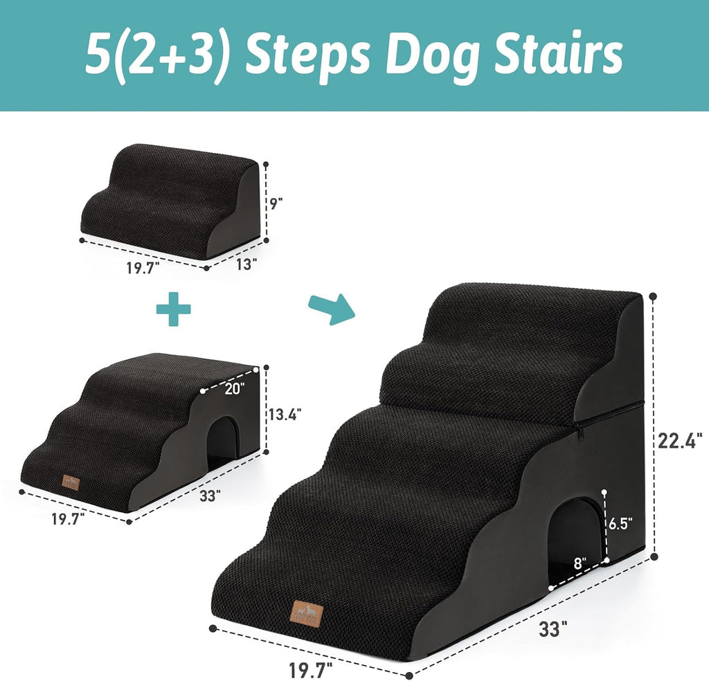 COZY KISS Extra Wide Small Dog Stairs with Tunnel, Pet Step for Bed, Black