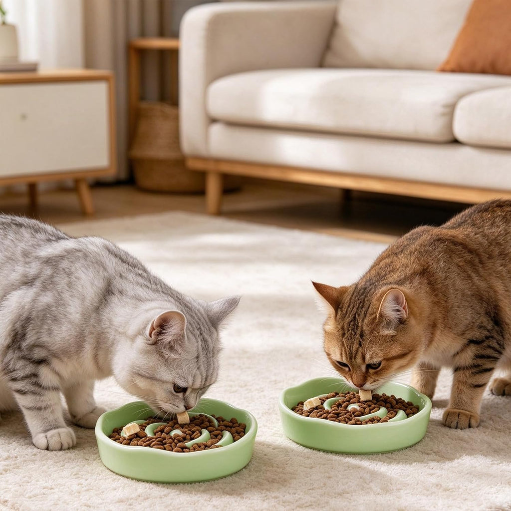 Slow Feeder Cat Bowl Set of 2, Ceramic Slow Feeding Cats Bowl Whisker Friendly, Anti Vomiting Cat Feeder for Dry and Wet Food，Fun Maze Interactive Bloat Stop Puzzle Bowls for Healthy Eating Diet