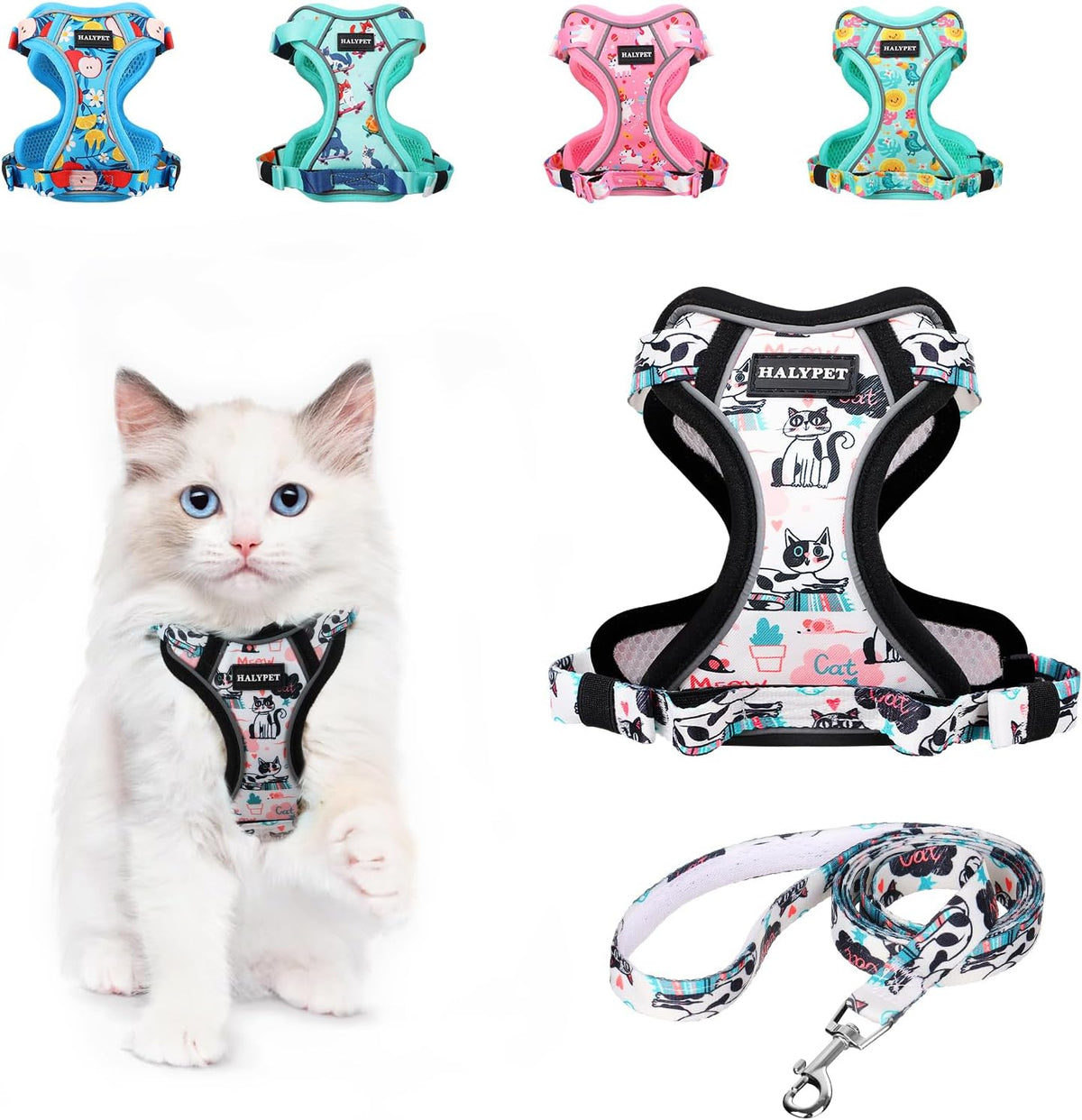 Halypet Cat Harness and Leash Set[MAX Safety 4th-Gen] Cute Escape Proof Vest Harness for Girl&Boy Cat Walking, Comfortable Adjustable Leash and Reflective Strips for Outdoor Kitten, XS Inky Meowy