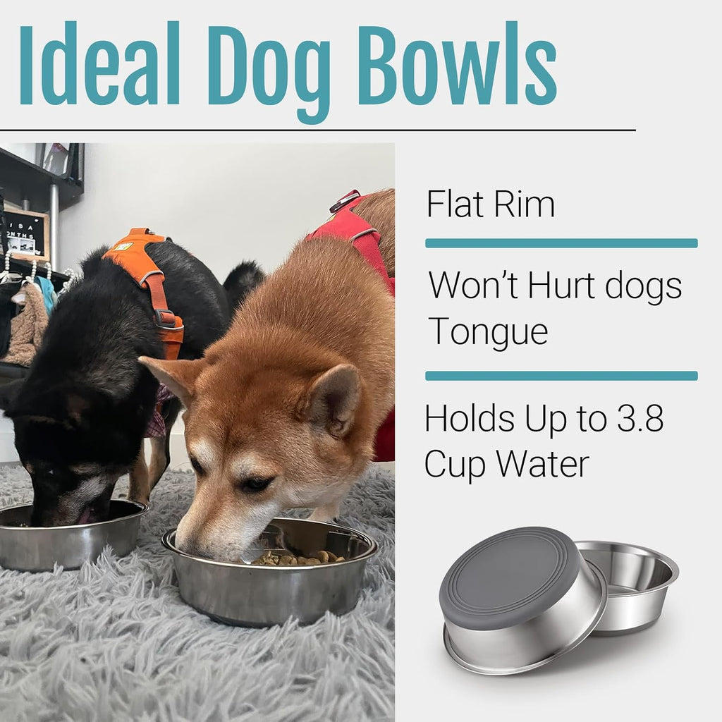 Nonslip Stainless Steel Dog Bowls, 3.8 US Cup, 2 Count | No slide silicone bottom, Dishwasher safe, Easy to clean, Stackable design 