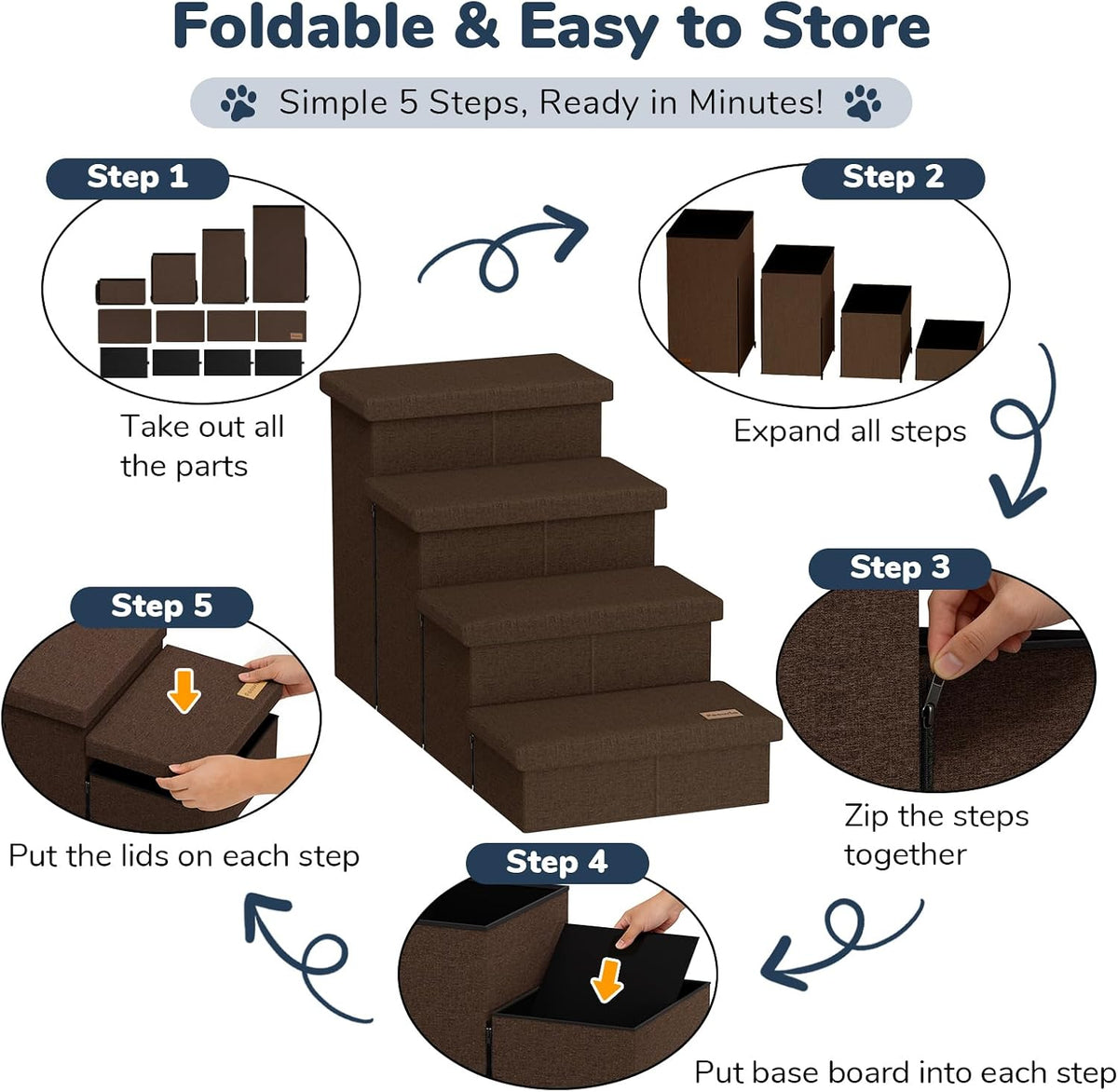 4-Step Wide Dog Stairs with Storage 23" H, Non-Slip Sturdy Pet Steps for High Bed Couch Window, Pet Stairs for Small/Medium/Large Old Dogs Cats Up to 220lbs, Cat Dog Steps for Car/SUV, Coffee