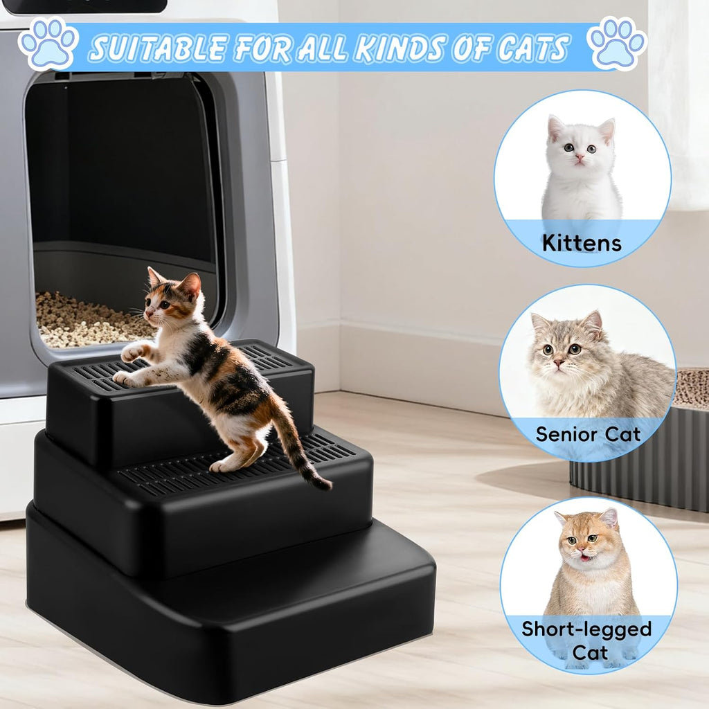 3 Step Litter Box Ramp Adjustable Detachable Litter Box Step, Black