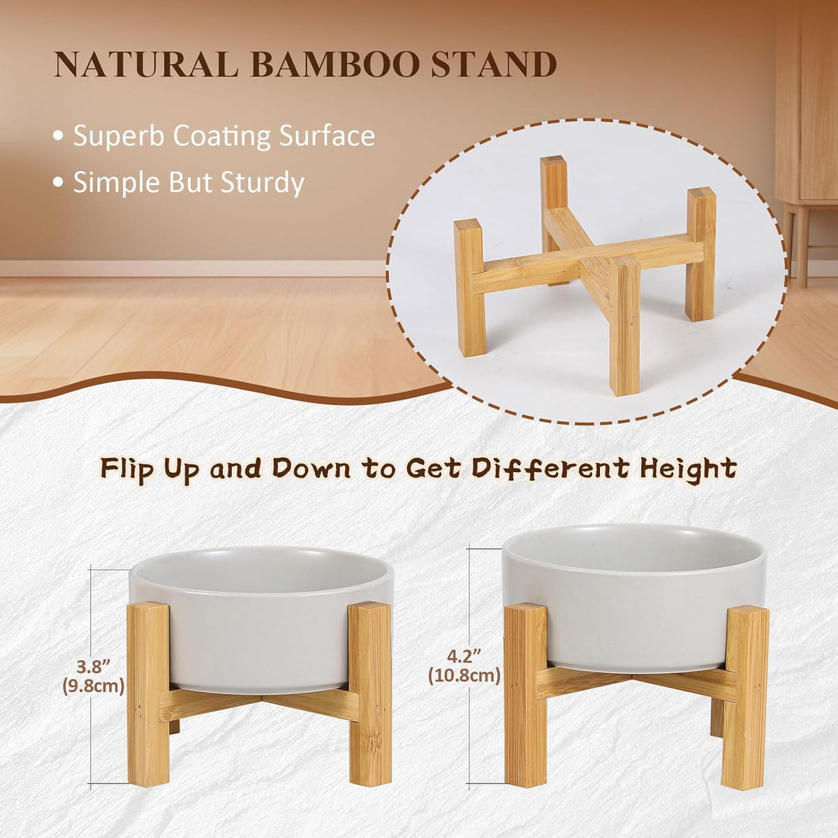 Elevated Ceramic Cat Bowl - Cat Food Bowl with Bamboo Stand - Raised Dog Dish for Puppies - Anti Vomiting, Stress Free - 13.5 oz / 400 ml - White 