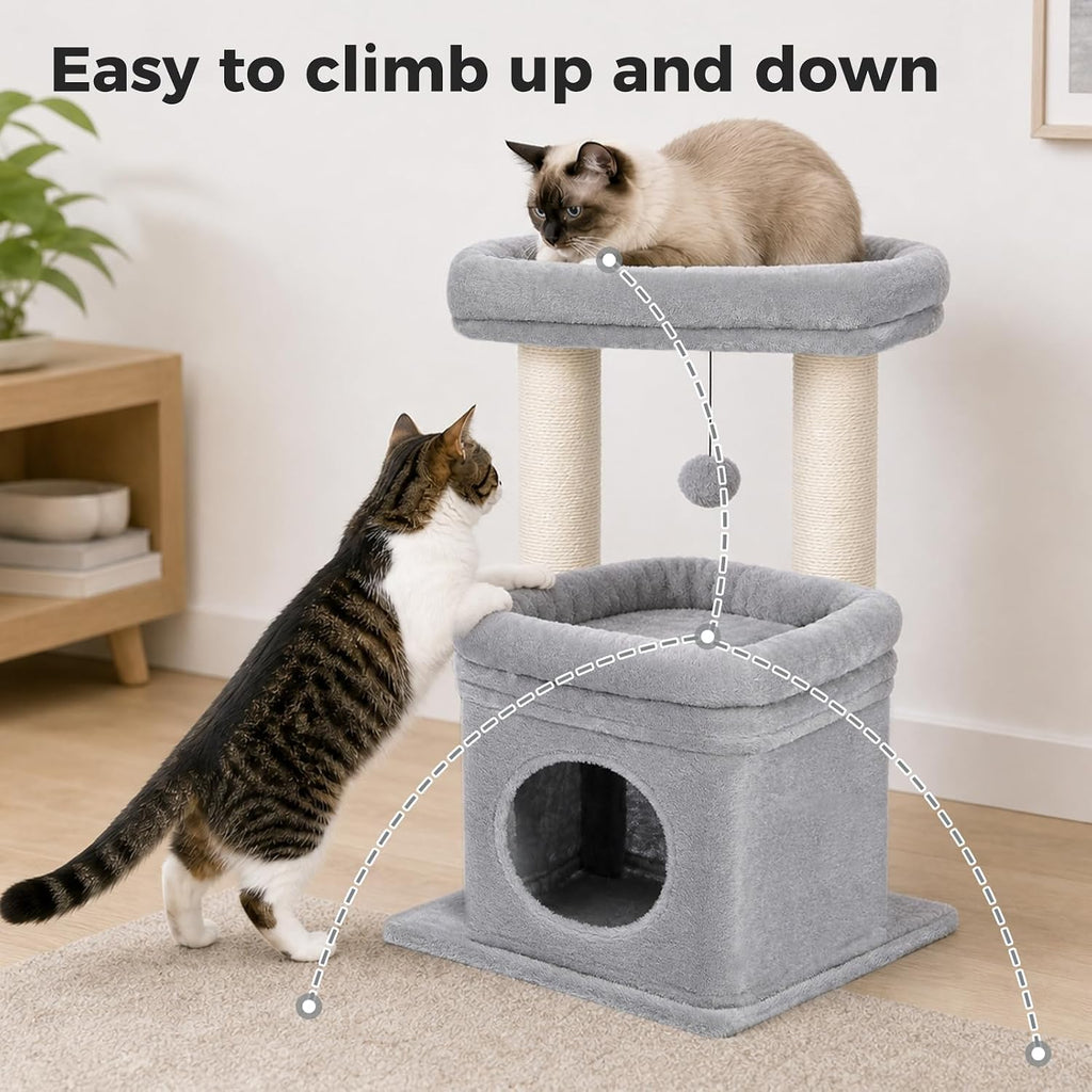 PEQULTI Small Cat Tree Tower for Indoor Cats, Sisal Post & Cozy Condo, Grey